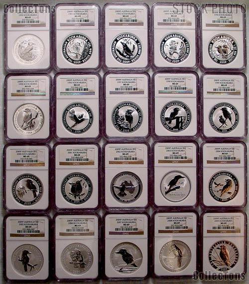 2009 Australian Kookaburra 20th Anniversary Silver Bullion Coin Set (20 coins) in NGC MS 69