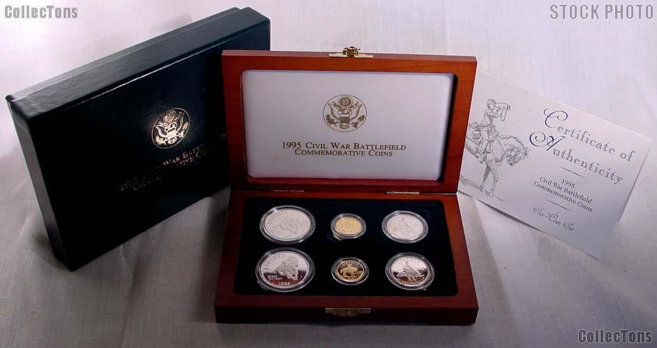 1995 Civil War Battlefield Commemorative Six Coin Set including $5 Gold & $1 Silver Coins