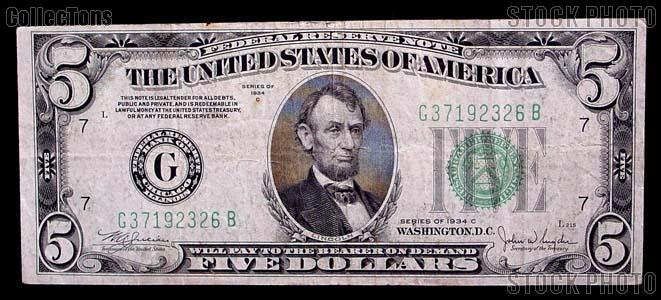 Five Dollar Bill Green Seal FRN Series 1934 US Currency