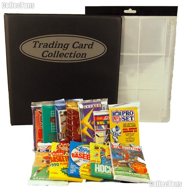 Sports Card Collecting Starter Set / Kit MLB, NFL, NBA, NHL with 12 Sports Card Packs, Binder, & Pages