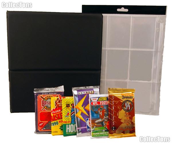 Sports Card Collecting Starter Set / Kit MLB, NFL, NBA, NHL with 12 Sports Card Packs, Display Binder, & Pages