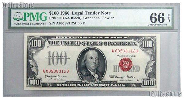 1966 One Hundred Dollar Bill Red Seal Legal Tender Note $100 in PMG Gem Uncirculated 66 EPQ