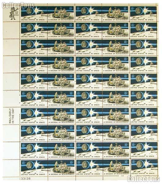 1971 United States in Space a Decade of Achievement 8 Cent US Postage Stamp MNH Sheet of 50 Scott #1434 - #1435