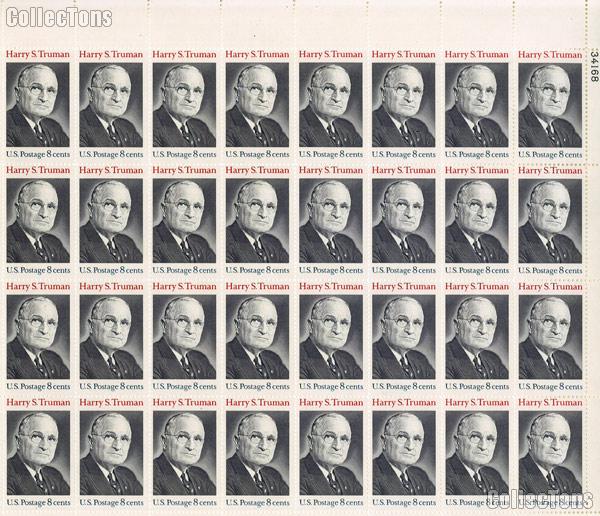 1973 President Harry S. Truman Issue 8 Cent US Postage Stamp MNH Sheet of 32 Scott #1499