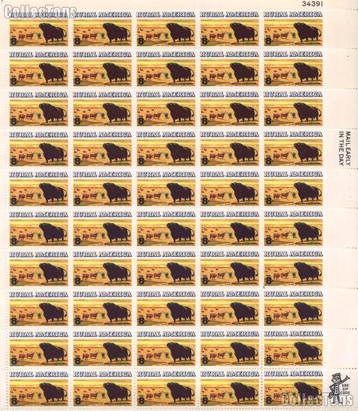 1973 Rural America Issue - Angus and Longhorn Cattle 8 Cent US Postage Stamp MNH Sheet of 50 Scott #1504