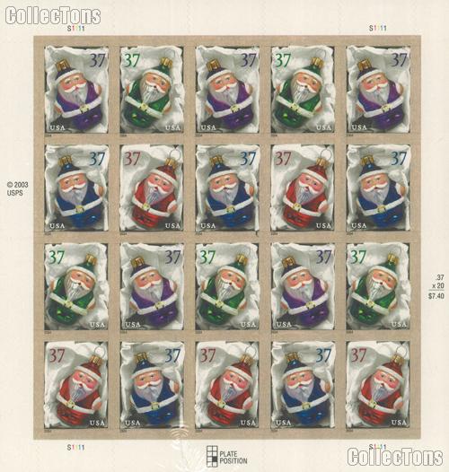 2004 Christmas - Santa Ornaments 37 Cent US Postage Stamp Unused Sheet of 20 Scott #3883 - #3886