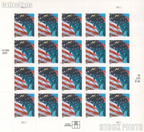 2005 Flag and Statue of Liberty 39 Cent US Postage Stamp Unused Sheet of 20 Scott #3966