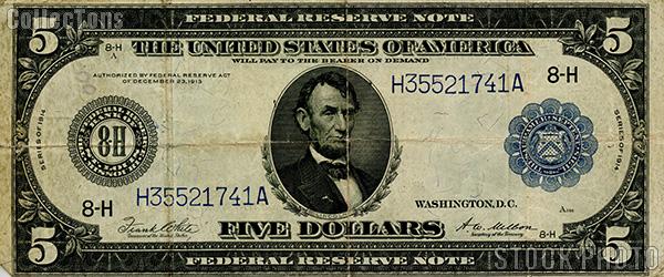 Five Dollar Bill Federal Reserve Note Blue Seal Large Size Series 1914 US Currency