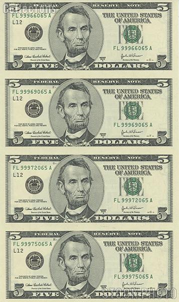 2003 Abraham Lincoln $5 Bill Uncut Currency Sheet of 4 Bills