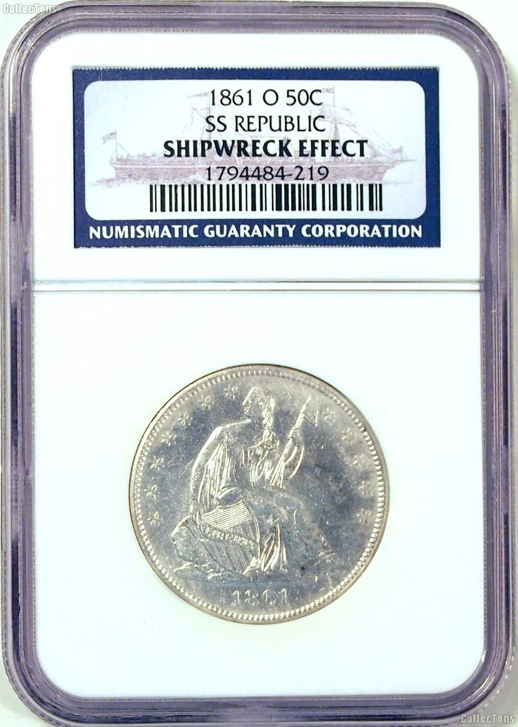 1861-O SS Republic Seated Liberty Half Dollar in NGC Shipwreck Effect with Wood Box & DVD