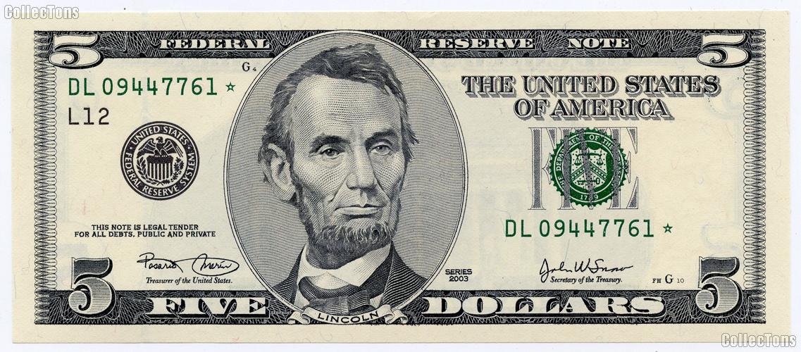 Five Dollar Bill Green Seal FRN STAR NOTE Series 2003 US Currency CU Crisp  Uncirculated - $19.99