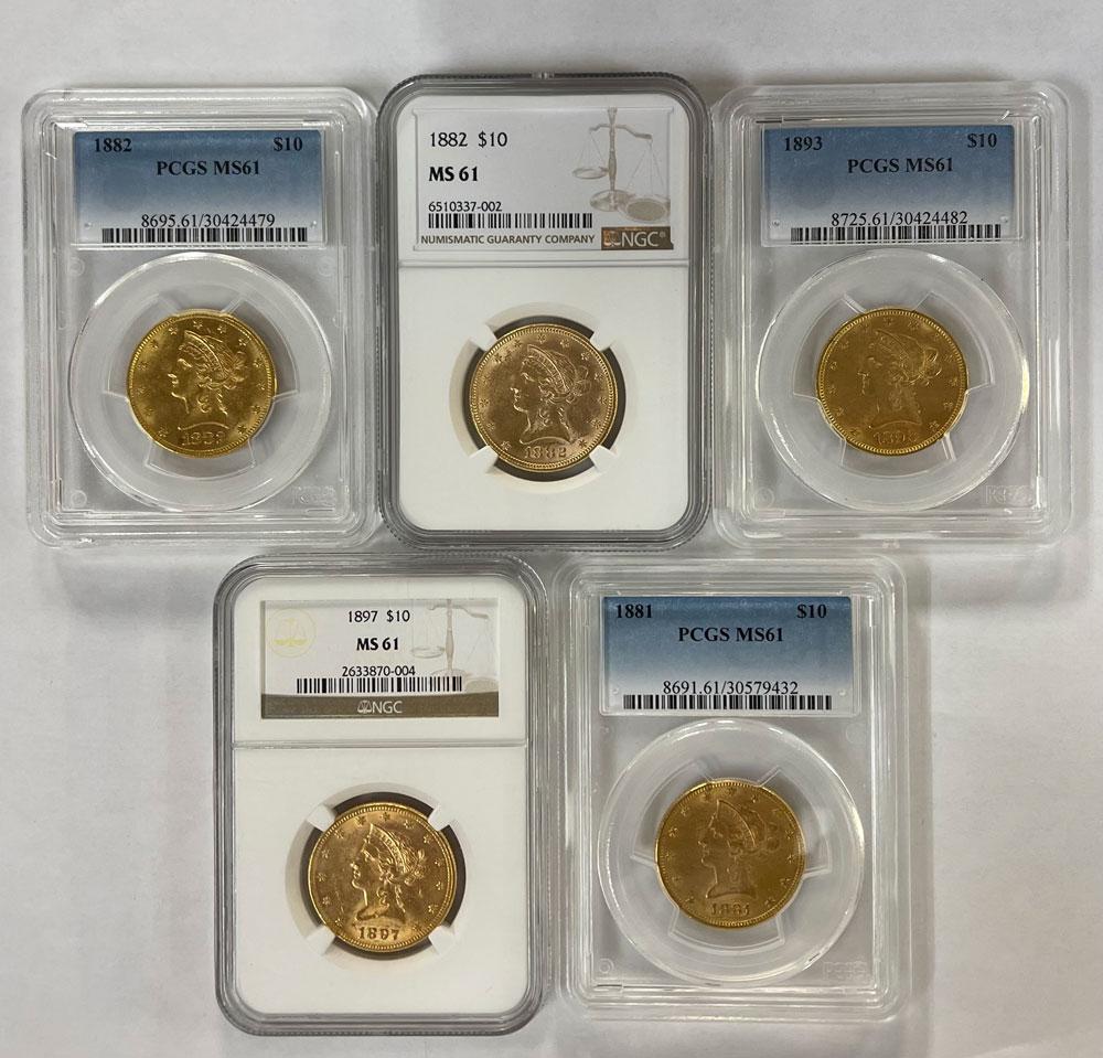 $10 Gold Liberty Head Eagles in NGC / PCGS MS 61