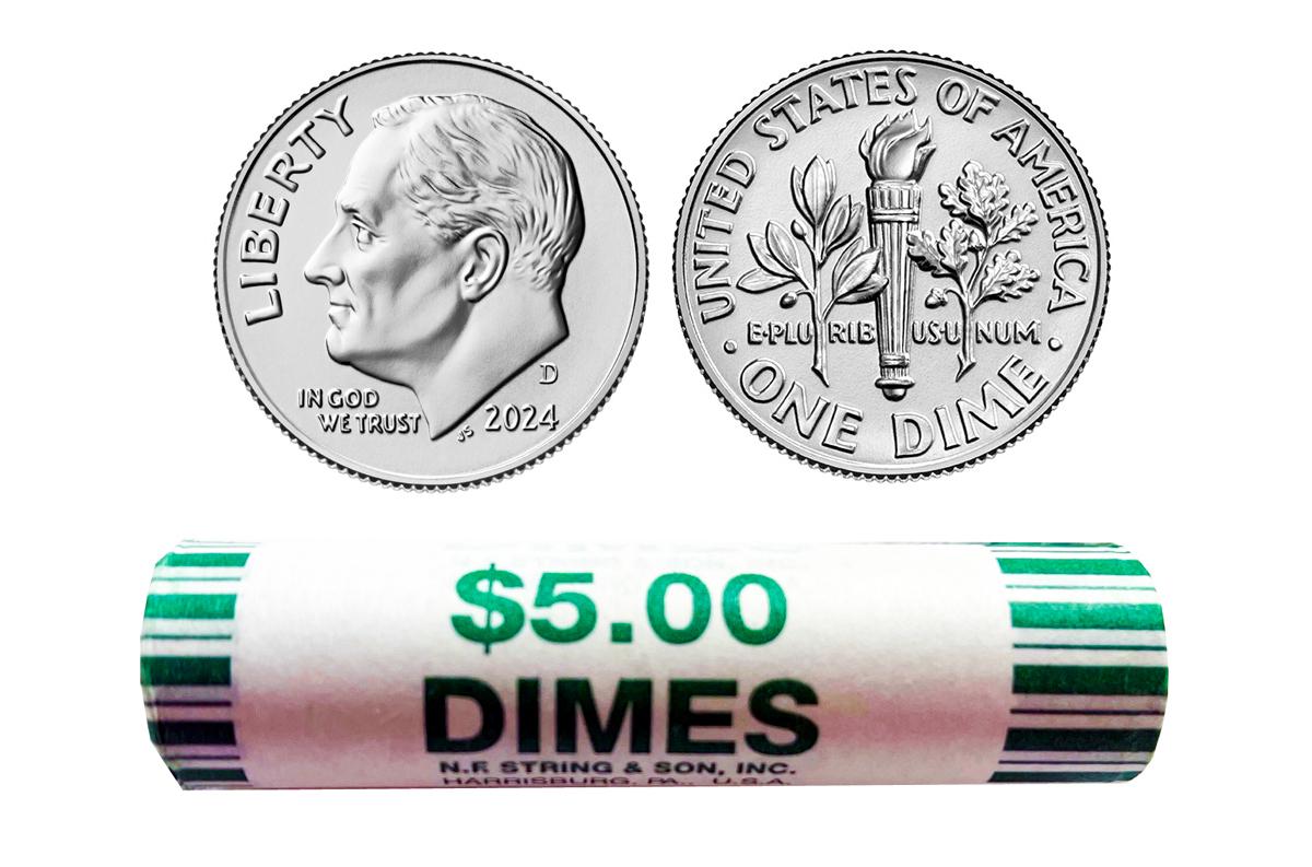 2024-D Roosevelt Dime Bank Wrapped Roll 50 Coins Gem BU