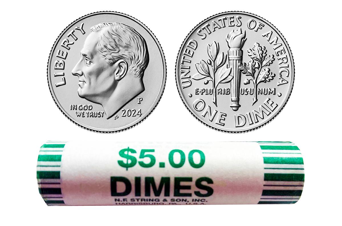 2024-P Roosevelt Dime Bank Wrapped Roll 50 Coins Gem BU