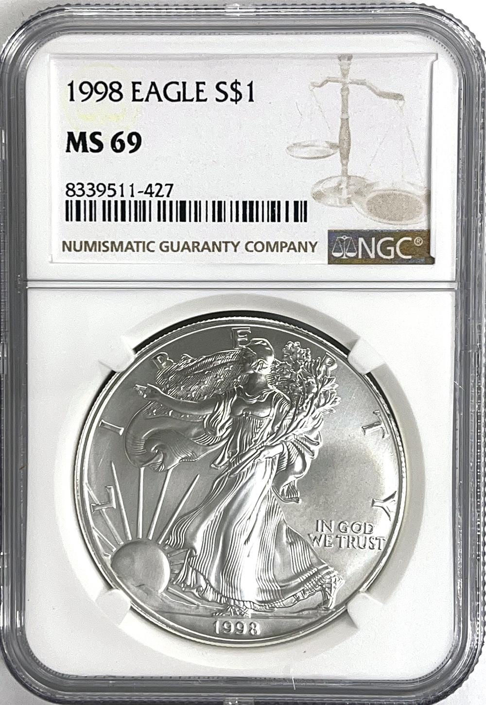 1998 American Silver Eagle Dollar in NGC MS 69