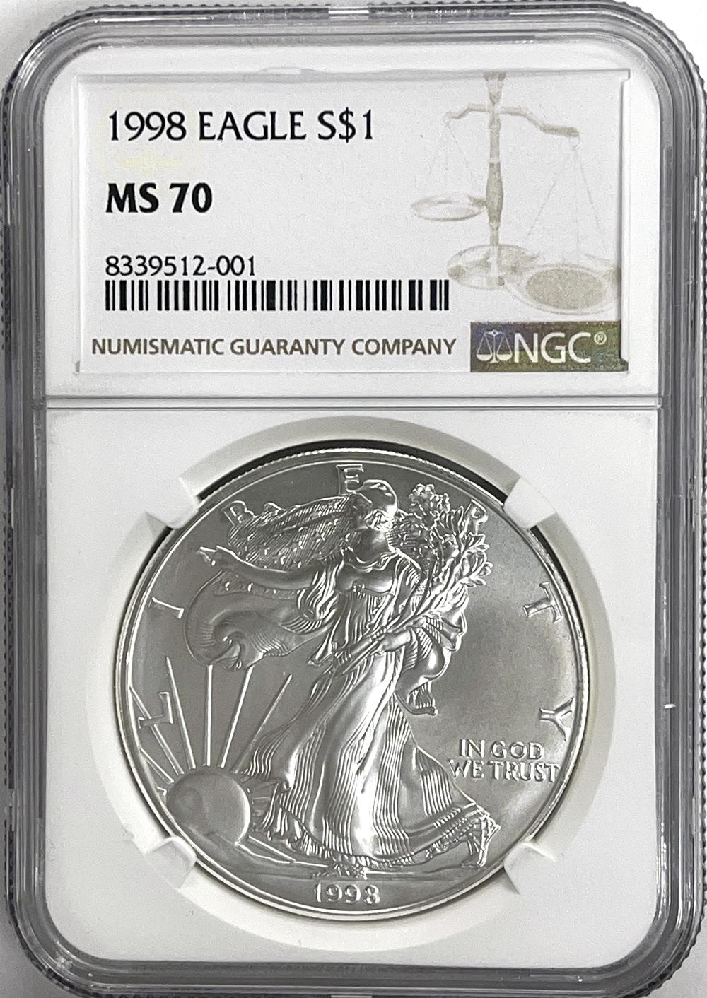 1998 American Silver Eagle Dollar in NGC MS 70