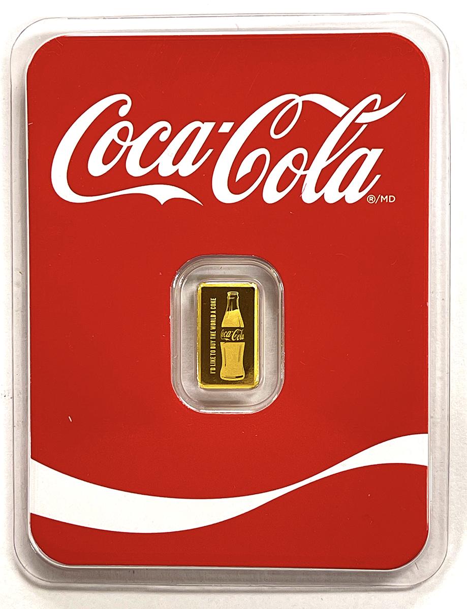 1/2 Gram GOLD Coca Cola Bottle And Logo Bar in Assay Card .9999 Fine